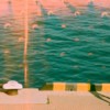 Man walks along a sunny waterfront with teal water.