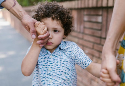 A little boy with curly hair holds hands with family in a close-up outdoor scene.