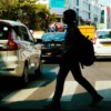 People crossing a busy city street with cars.